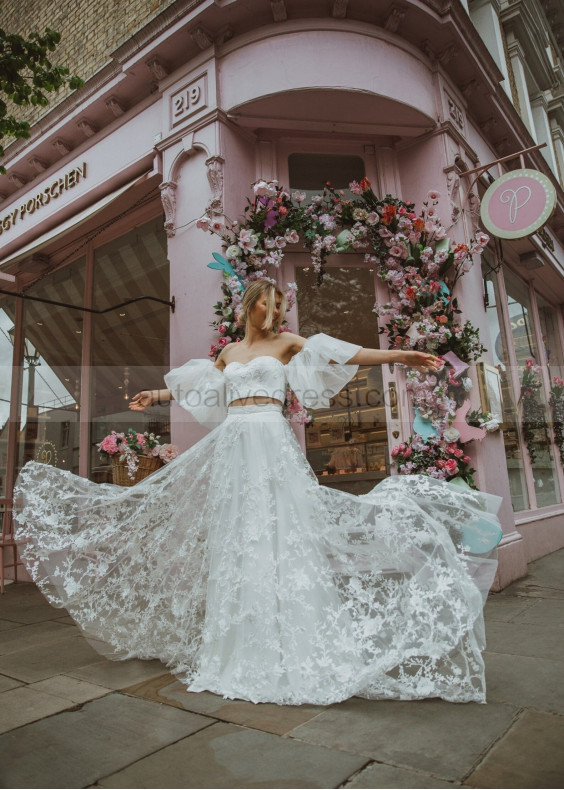 Two Piece Ivory Lace Tulle Floral Wedding Dress